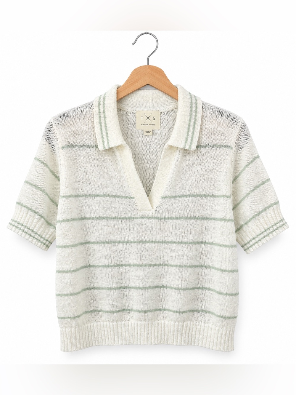 Thread & Supply Cream Light Green Striped Knit Polo Sweater Large Preppy